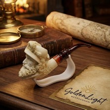 Goldenlight Meerschaum El Oyma Lületaşı Doğulu Bilge Figürlü Pipo %100 Blok Taş Akrilik Ağızlıklı El Yapımı 15 cm