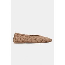 Nişantaşı Shoes Lips Koyu Bej Triko File Işlemeli Düz Taban Kadın Babet Ayakkabı