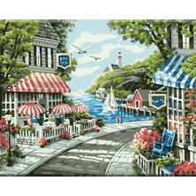 Hengam Sayılarla Boyama Kasnaklı Tablo Seti. Fırça Boya Dahil 40X50CM *sahil Kasabası-2*