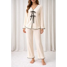 El Moda Kadın Ekru Pamuk Dokuma Önden Bağlamalı Pijama Takımı