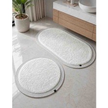 Nesrin Kaymaz Taban Peluş Banyo Paspası Seti Krem Rengi  Jüt Kenar Detaylı 2'li Oval Yuvarlak 100X60 60X60