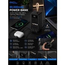 Abstrax Tech Acl 80.000 Mah Powerbank LCD Göstergeli 4 USB Çıkışlı Dahili Usb-C / Lightning / Micro USB Kablolu Hızlı Şarj Taşınabilir Power Bank