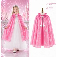 Kar Tanesi Desenli Pembe Elsa Pelerini - Astarlı Frozen Pelerini 85 cm