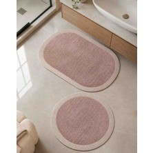Nesrin Kaymaz Taban Peluş Banyo Paspası Seti Pudra Rengi Jüt Kenar Detaylı 2'li Oval Yuvarlak 100X60 60X60