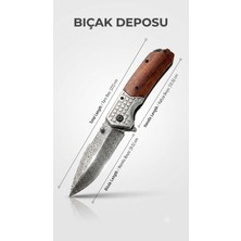 Bıçak Deposu Karesi Paslanmaz Çelik Şam (Damascus) Desenli Ahşap Kabzalı Katlanır Kamp Çakısı (22 Cm)