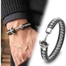 Fm 💎 Premium 316L Çelik Çapa Hematit Doğal Taş Orijinal Deri Örgü Erkek Bileklik 31832B27D1 - 21 cm