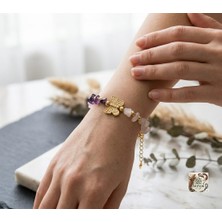 Adiyak Ametist ve Pembe Kuvars Doğal Taş Kelebek Figürlü Gold Detaylı Bileklik