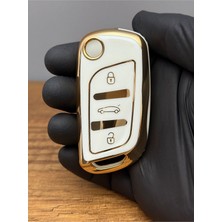Keyron Citroen Bellingo-C2-C3-C4 Peugeot PARTNER307-207-308-5008 3 Düğmeli Silikon Anahtar Koruma Kılıfı Beyaz Gold