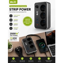 Abrax Tech 3'lü Akım Korumalı Uzatma Kablosu 2500W | 2 Metre | 3 Priz + 2 Usb-A + 1 Usb-C Pd 20W | Anahtarlı Çoklu Priz