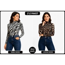 İngegno Body Yarım Balıkçı Uzun Kol Örme Kumaş Viskon Kdaın Body Zebra ve Leopar Desen 2li Paket