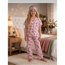 Kız Çocuk Prenses Desenli Düğmeli  Göz Bantlı Pijama Takım