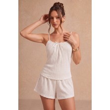 Bella Notte Beyaz Kadın Nakışlı Askılı Şortlu Pijama Takımı