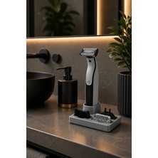 Arvella Studio Şarjlı Tıraş Makinesi Standı ve Başlık Düzenleyici Organizer – Çok Bölmeli Banyo Tezgah Üstü  Stand - AVEN01 Gri