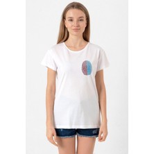 Bordo Mavi Parmak Izi Beyaz Kadın Bisikletyaka Tshirt