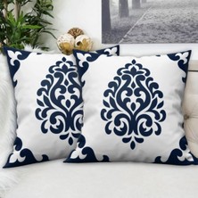 Ardizayn Damask Desen Beyaz - Lacivert Dekoratif Kadife 2'li Kırlent Kılıfı