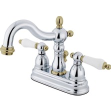 Bg Store Brass KB1604PL Heritage 4 Inç Centerset Lavabo Bataryası Porselen Kol Saplı, Parlak Krom ve Parlak Pirinç