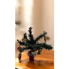 Mini Yılbaşı Ağacı, LED Işıklı, Kırmızı Saksılı, Yeşil ve Kırmızı, 25 Cm, Plastik Yapay Çam, Noel Baba Süslemeli, Masa Üstü Dekoratif