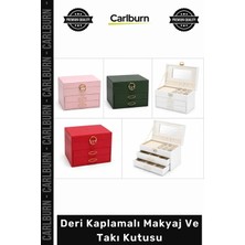 Carlburn Özel Üretim Lüks Şık Bölmeli Organizer Aynalı Estetik Kaliteli Deri Kaplamalı Makyaj Takı Kutusu