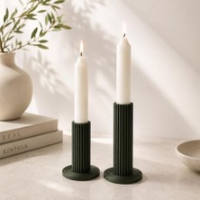 Modern Sütun Tasarımlı Şamdan Seti, Koyu Yeşil, 2'li, Minimalist Dekoratif Mumluk, 8 cm ve 10 cm | Pla 3D Baskı