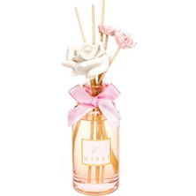 180 ml Pembe Cam Şişe Çiçek Seramik Taş Bambu Çubuklu Garden Rose-Pudra Oda Kokusu