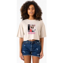 Black Pink Band Bej Kadın Crop Tshirt