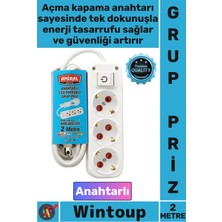 Wintoup #priz Dayanıklı Güvenli Elektrik Ofis Tv Yanı 3'lü Topraklı Anahtarlı 2 Metre Kablolu Şık Grup Priz