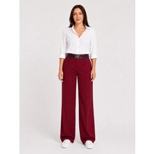 Emporya Trend | Kadın | Bordo | Çift Kemer Detaylı | Yüksek Bel | Yazlık Rahat Geniş Paça Palazzo Kesim Pantolon