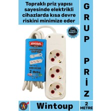 Wintoup #priz Dayanıklı Isıya Dirençli Beyaz Güvenli Uzatma Kablosu 3'lü Topraklı 2 Metre Kablolu Grup Priz