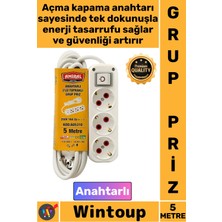 Wintoup #priz Dayanıklı Güvenli Elektrik Ofis Tv Yanı 3'lü Topraklı Anahtarlı 5 Metre Kablolu Şık Grup Priz