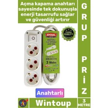 Wintoup #priz Dayanıklı Güvenli Elektrik Ofis Tv Yanı 3'lü Topraklı Anahtarlı 3 Metre Kablolu Şık Grup Priz