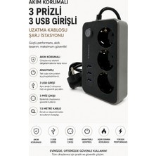 Yenilig Akım Korumalı 3 Prizli 3 USB Girişli Uzatma Kablosu Anahtarlı Çoklu Priz Şarj Istasyonu