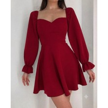 Nake Butik Kadın  Kalp Yaka Balon Kollu Mini Elbise