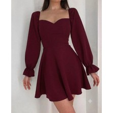 Nake Butik Kadın  Kalp Yaka Balon Kollu Mini Elbise