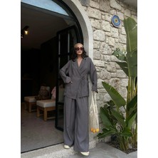 Minaaise Kadın Antrasit %100 Modal Kumaş Bağlamalı Oversize Ceket 29106