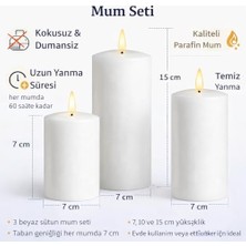 3’lü Silindir Blok Mum Seti, Beyaz Dekoratif Sütun Mumlar, Içten Yanan Fitil, 7 cm Çap, 7,10,15 cm Yükseklik, Ev Dekorasyonu, Masa ve Özel Gün Süsleme Mum Seti