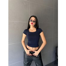 Minaaise Lacivert Kare Yaka Kısa Kollu Slimfit Basic Body 27174