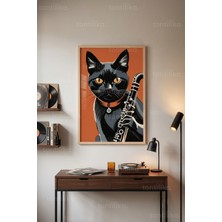 Tontilika Kedi ve Müzik 1. Kalite Ahşap Çerçeveli Tablo