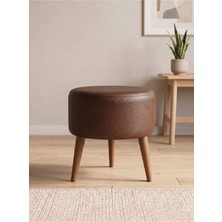 Kayser Home Modern Acı Kahve Deri Puf Tabure Ahşap Ceviz Ayaklı Yuvarlak Puf 40X42 cm