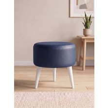 Kayser Home Modern Lacivert Deri Puf Tabure Ahşap Beyaz Ayaklı Yuvarlak Puf 40X42 cm