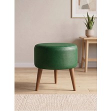 Kayser Home Modern Yeşil Deri Puf Tabure Ahşap Ceviz Ayaklı Yuvarlak Puf 40X42 cm