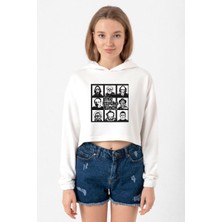 Tshirthane The Psycho Bunch Ekru Kadın Crop Kapşonlu