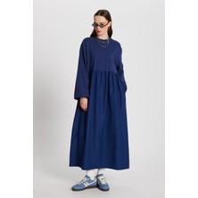 Minaaise Indigo Üstü Penye Altı Dokuma Oversize Uzun Kollu Uzun Elbise 28169