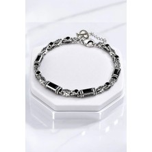 Ak Store Silver Rodyum Gümüş Kaplama B-102 Kromix Çelik Erkek Bilelik Gravürlü Otantik Siyah Zirkon Taşlı Harfli 5 mm