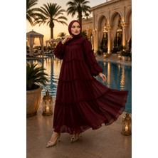 Rahime Durmuş Collection Premium Şifon Kat Kat Tesettür Elbise – Uçuş Uçuş Salaş Kesim, Astarlı, Bordo Abiye & Özel Gün Elbisesi