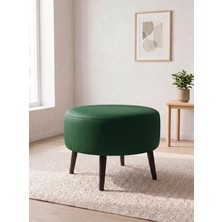 Kayser Home Büyük Yuvarlak Deri Puf - 60 cm Ahşap Siyah Ayaklı Salon ve Orta Sehpa Pufu Yeşil