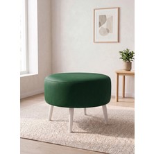 Kayser Home Büyük Yuvarlak Deri Puf - 60 cm Ahşap Beyaz Ayaklı Salon ve Orta Sehpa Pufu Yeşil