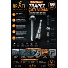 BRATİ HAND TOOLS 5,5X76 Çatı Vidası Panel Vidası Trapez Sac Vidası Matkap Uçlu Sac Çatı Panel Metal Vida 100 Adet M8 Adaptörlü
