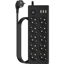 MidasTech Çoklu Priz 10 Lu + 3 USB + 1 Type-C 3680W 16A Anahtarlı Akım Korumalı Uzatma Prizi (2 Metre Kabl