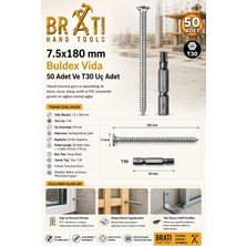 BRATİ HAND TOOLS Buldex Vida 7.5X180 mm 50'li Paket Sivri Uçlu Beton Vidası Tork Duvar Vidası Buldeks ve T30 Tork Uç