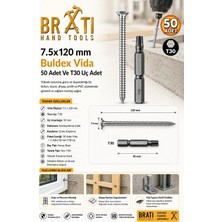 BRATİ HAND TOOLS 7.5X120 mm Buldex Vida 50 Adet Sivri Uçlu Beton Vidası Tork Duvar Vidası Buldeks ve T30X50MM Torx Uç